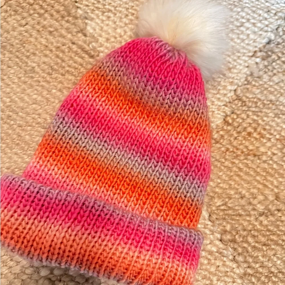 New knit pink striped foldover beanie hat
